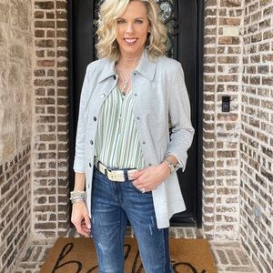 Cabi Awning stripe blouse in green stripe